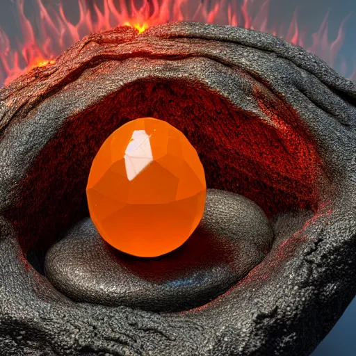 Prompt: a quartz dragon egg with lava core, crystal and lava cave on background, epic composition, octane render, realistic, film grain, focus