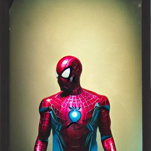 Image similar to a single iron man and spider - man hybrid, dslr, polaroid