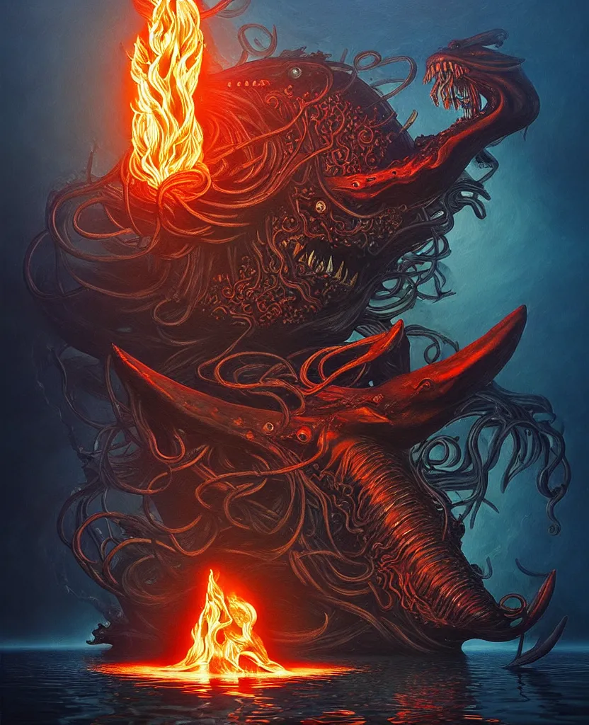 Image similar to mysterious bestiary of wild emotion monsters repressed in the deep sea of unconscious of the psyche lead by baba yaga, about to rip through and escape in a extraordinary revolution, dramatic fire glow lighting, surreal painting by ronny khalil