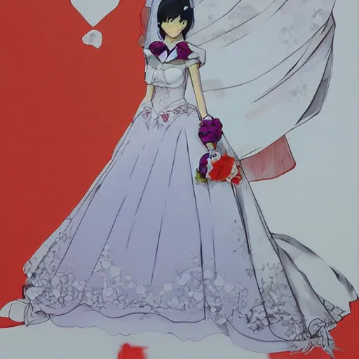 Image similar to yukiko amagi in wedding dress facing viewer by shigenori soejima and shigenori soejima and shigenori soejima and shigenori soejima. romantic, marriage