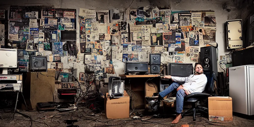 Prompt: typical cryptocurrency nerd, sitting in front of old 9 0's computer, shilling, crt tubes, cables everywhere, damp basement decay, bitcoin poster in background, fat and dirty, scruffy looking, claustrophobia, humidity mold, award - winning photomanipulation