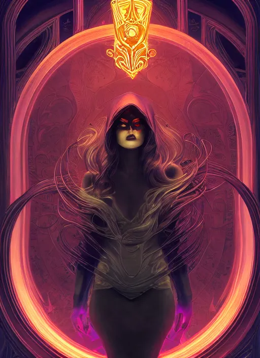 Image similar to book cover, front portrait, dark witch with black hood and evil eyes, realism, soft, smooth, luminescent, art nouveau tarot, backlit glow, colorful swirly ripples, gaudy colors, aesthetic octane render, unreal engine, 8 k, by artgerm, greg rutkowski, alphonse mucha