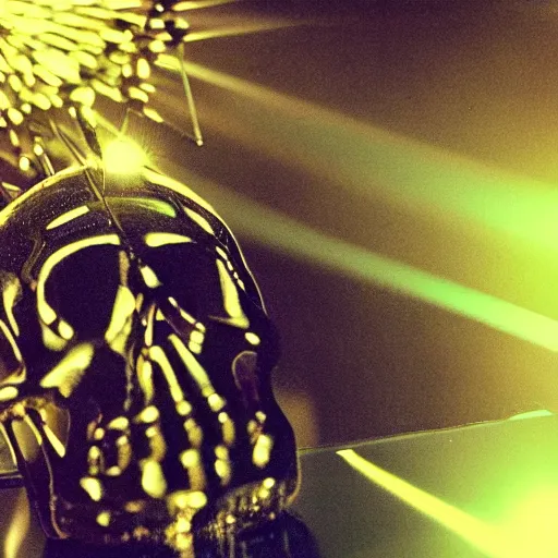 Image similar to a low poly disco skull full of long spikes, reflecting light in a nightclub, grainy film photograph