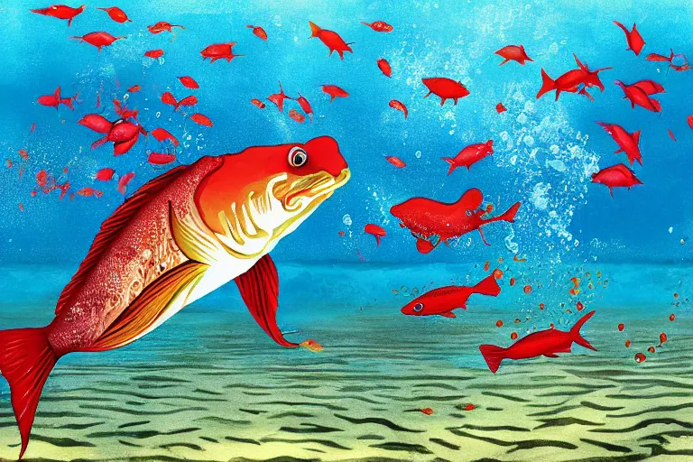 Image similar to An underwater painting of big Red Fish chasing shrimp in the Galveston Bay, inspired by Guy Harvey, Sport Fishermen Magazine, digital art, insanely detailed, hyper detailed photorealistic, ambient lighting, award winning, stunning