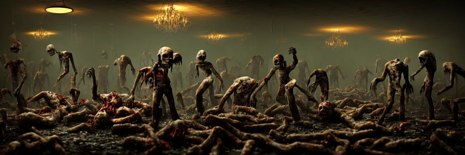 Image similar to undead zombies grabbing on moldy hamburgers with their hands inside a dark dingy restaurant, moldy hamburgers of various type all pile up very high around them, atmospheric lighting, foggy, very intricate details, hyper realistic, 8 k, movie concept art, octane render, - h 5 1 2