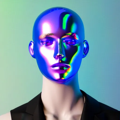 Image similar to 3d render of holographic human robotic head made of glossy iridescent, surrealistic 3d illustration of a human face non-binary, non binary model, 3d model human, cryengine, made of holographic texture, holographic material, holographic rainbow, concept of cyborg and artificial intelligence