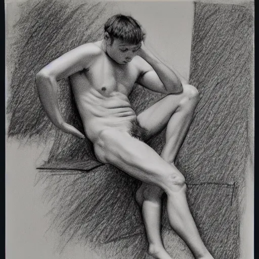 Prompt: an artistic pencil study of a young male body, full body, curled up pose, berne hogarth, david hockney