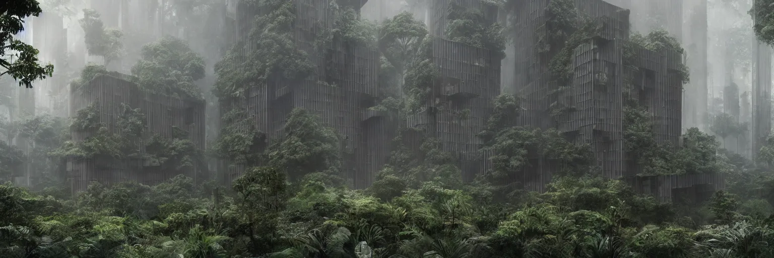 Image similar to brutalist architecture inspired by louis kahn deep in the rainforest. nature is taking over. matte painting in the style of eddie mendoza. mist. cinematic.