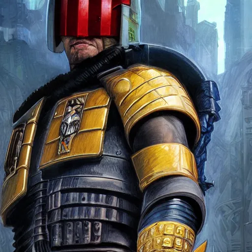 Prompt: Judge Dredd, artists portrait, fantasy, highly detailed, digital painting, concept art, sharp focus, depth of field blur, illustration, art by artgerm and greg rutkowski and alphonse mucha