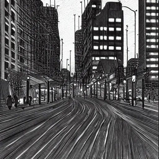 Image similar to dark city bus stop, by junji ito,black and white, very detailed, ArtStation