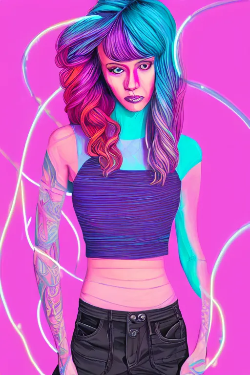 Image similar to a award winning half body portrait of a beautiful woman with stunning eyes in a croptop and cargo pants with ombre purple pink teal hairstyle and hands in pockets by thomas danthony, surrounded by whirling illuminated lines, outrun, vaporware, shaded flat illustration, digital art, trending on artstation, highly detailed, fine detail, intricate