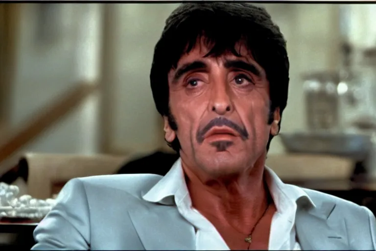 Image similar to tony montana from movie scarface 1 9 8 3 sitting behind a big black oak table with big large packages of flour. al pacino. perfect symmetric face, coherent eyes, close up, fine details, 4 k, ron cobb. last scene from scarface movie, bokeh