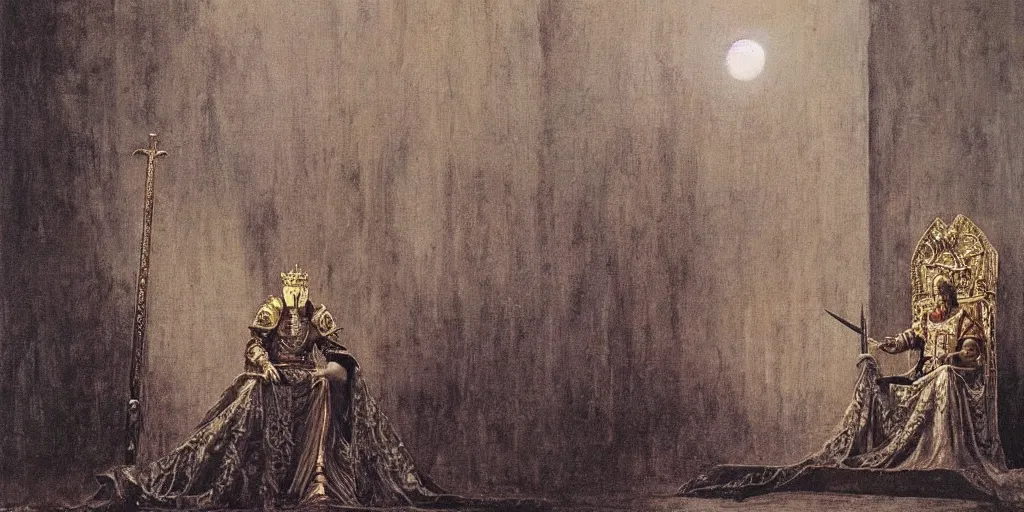 Prompt: a medieval king sitting on a golden throne leaning on a shiny sword in a palace, beksinski painting