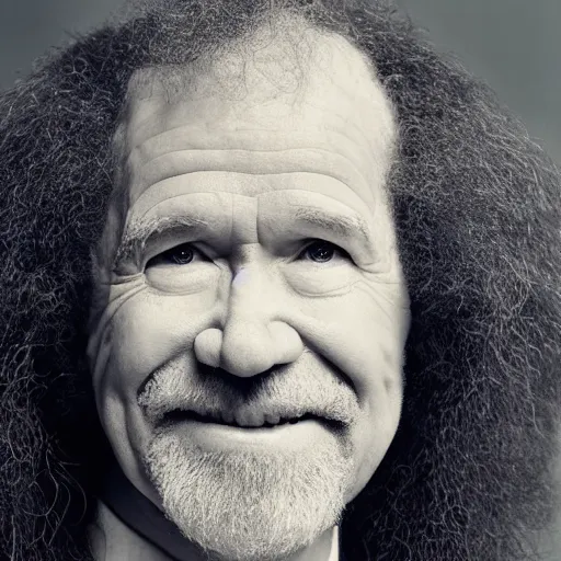 Prompt: Bob Ross with long straight hair and straight cut bangs over his eyes, portrait 50mm photography,
