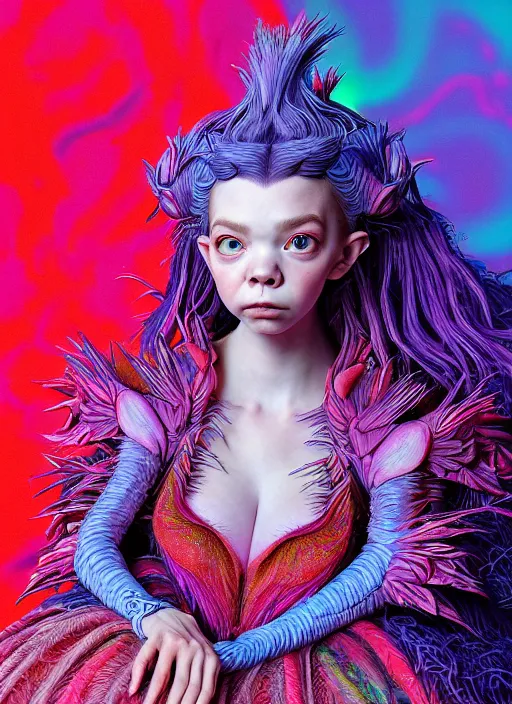 Image similar to hyper detailed 3d render like a Oil painting - kawaii portrait of two Aurora (a beautiful skeksis muppet fae princess protective playful expressive from dark crystal that looks like Anya Taylor-Joy) seen red carpet photoshoot in UVIVF posing in scaly dress to Eat of the Strangling network of yellowcake aerochrome and milky Fruit and His delicate Hands hold of gossamer polyp blossoms bring iridescent fungal flowers whose spores black the foolish stars by Jacek Yerka, Ilya Kuvshinov, Mariusz Lewandowski, Houdini algorithmic generative render, golen ratio, Abstract brush strokes, Masterpiece, Edward Hopper and James Gilleard, Zdzislaw Beksinski, Mark Ryden, Wolfgang Lettl, hints of Yayoi Kasuma and Dr. Seuss, octane render, 8k