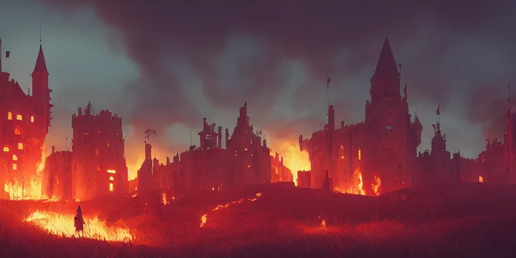 Prompt: a royal medieval castle on fire, burning down, intense flames, landscape by simon stalenhag, rendered by beeple, by makoto shinkai, digital art