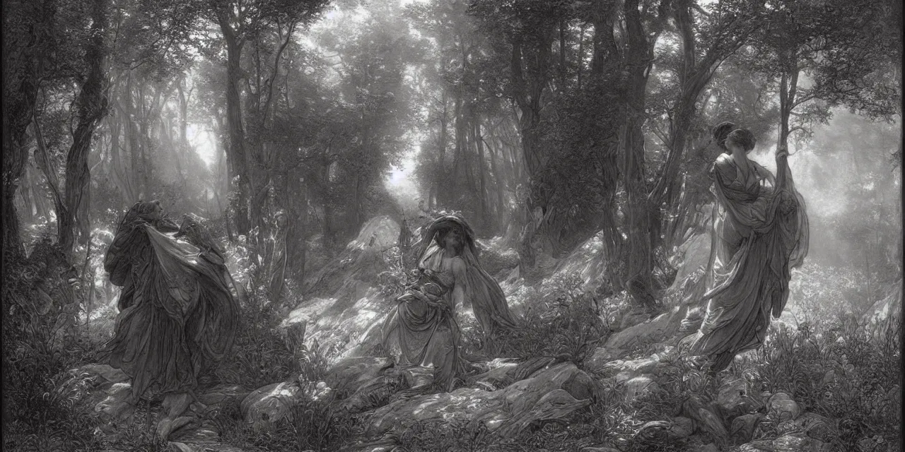 Image similar to the vanishing of ethan carter by gustave dore, james ryman, alphonse mucha. deep rich color