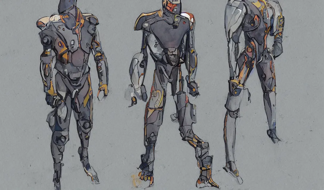 Image similar to male, full body, modern space suit, very stylized character design, large shoulders, short torso, long thin legs, tiny feet, science fiction, hyperdetailed, technical suit, shoulderpads, watercolor digital painting, in style of mike mignola, by alex maleev, jean giraud, painted by leyendecker