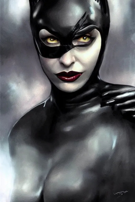 Image similar to beautiful aesthetic portrait of Catwoman from Batman returns crawling toward camera by wlop and Julia Razumova, first person perspective, deviantArt, trending on artstation, artstation HQ