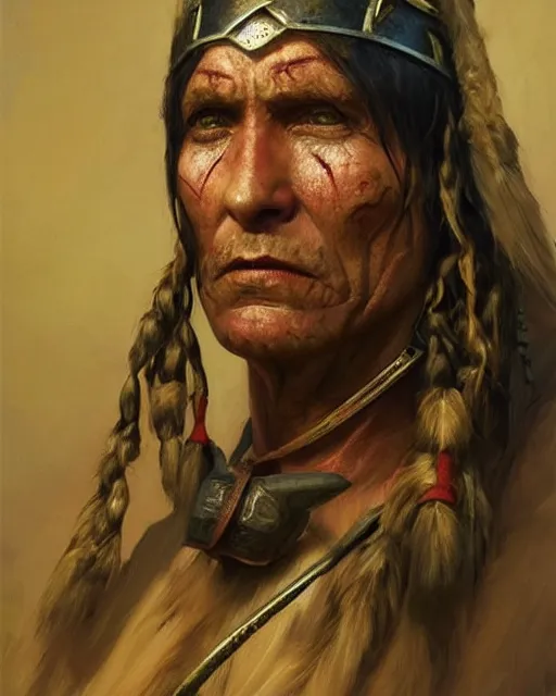 Image similar to an old sioux warrior, scars on his face, oil on canvas, artstation, by j. c. leyendecker and edmund blair leighton and charlie bowater, beautiful face, octane, very aesthetic!!!!!!!!!!!!!!! stunning gorgeous big eyes