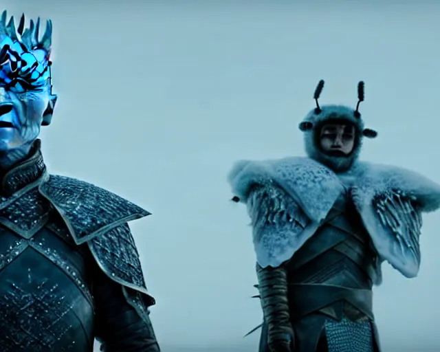 Prompt: justin sun as night king in game of thrones versus huge bee, 4 k, epic, cinematic, focus, movie still, fantasy, extreme detail, atmospheric, dark colour, sharp focus