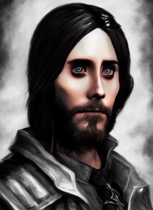 Image similar to A fantasy comic book style portrait painting of Jared Leto as a witchhunter in a atmospheric dark fortress, unreal 5, DAZ, hyperrealistic, octane render, RPG portrait, ambient light, dynamic lighting