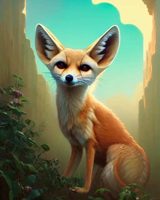 Image similar to highly detailed surreal vfx portrait of a sacred fennec fox, stephen bliss, unreal engine, greg rutkowski, loish, rhads, beeple, makoto shinkai and lois van baarle, ilya kuvshinov, rossdraws, tom bagshaw, alphonse mucha, global illumination, detailed and intricate environment