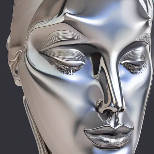 Image similar to 3 d sculpture made of liquid metal by zaha hadid enveloping a realistic female face, white background