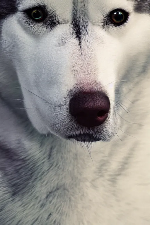 Image similar to proud husky with green flowing hair and heterochromia, studio lighting, realistic, beautiful, chromatic aberration, 4 k, in focus, very detailed, global illumination