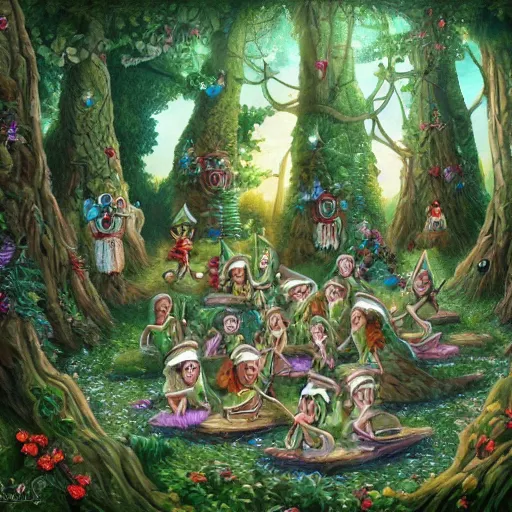 Image similar to highly detailed commune of hedonist elves. the elves are carefree and playful. digitally painted forest scene. The elves each have the face of famous musician Ed Sheeran. pixiv, artbreeder. high quality art