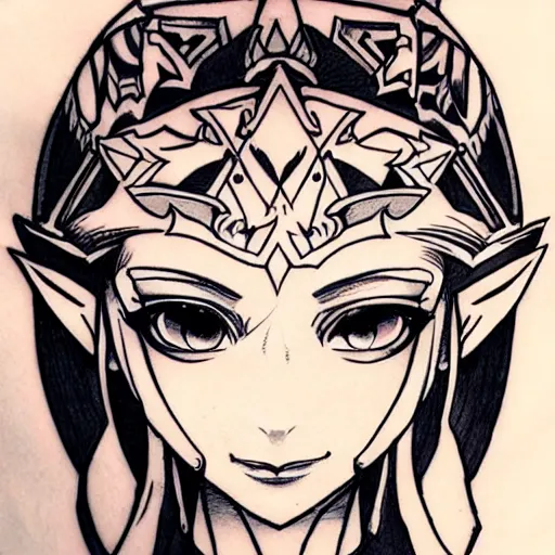 Image similar to tattoo design, stencil, clean line art, g pen, portrait of princess zelda by artgerm, symmetrical face, beautiful, triforce