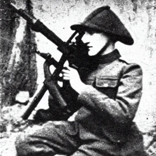 Image similar to old wartime photograph of vitalik buterin holding a lewis gun, 1 9 1 7