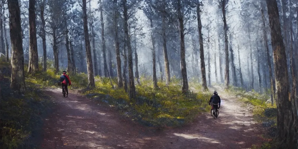 Image similar to Exact two men biking alone up a steep forest hill. One with a deep dark blue sweater and the other with a wine red sweater. sweaty. Oil painting. Emotional. Trending on artstation. Steep. Nordic Trees. Rustic. Artistic.