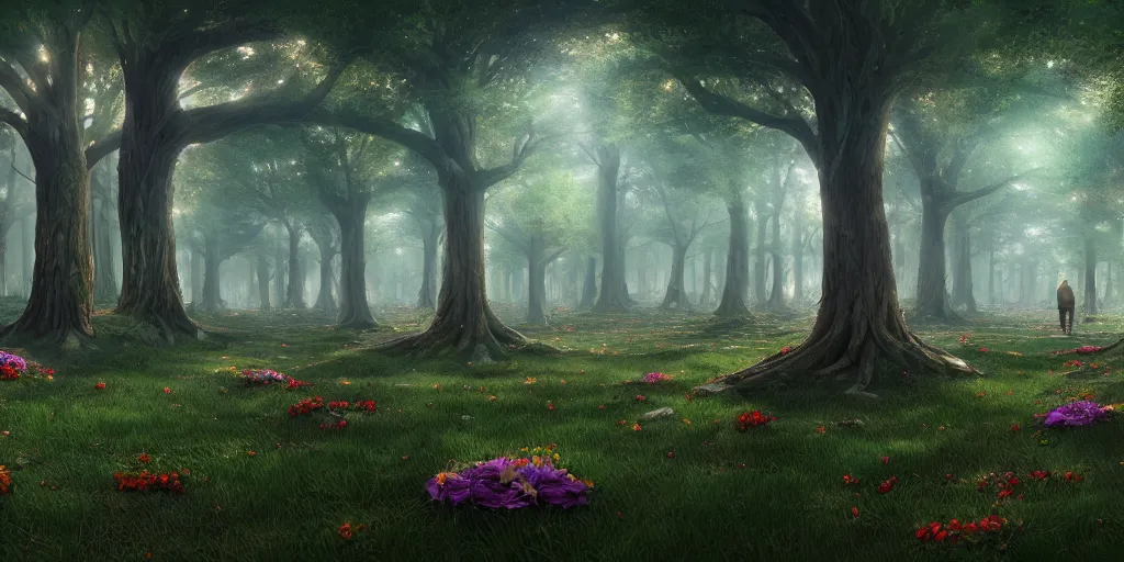 Prompt: A memorial grove of trees of various sizes dedicated to missing people, plaques, solemn, flowers game art matte painting hyperdetailed, artstation, cgsociety, 8k, surreal dream landscape