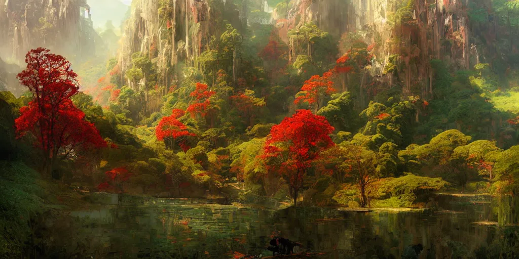 Image similar to beautiful landscape metal forests trees made of metal mountains rivers red and green leaves many layers waterfalls villages castles, buildings artstation illustration sharp focus sunlit vista painted by ruan jia raymond swanland lawrence alma tadema zdzislaw beksinski norman rockwell tom lovell alex malveda greg staples