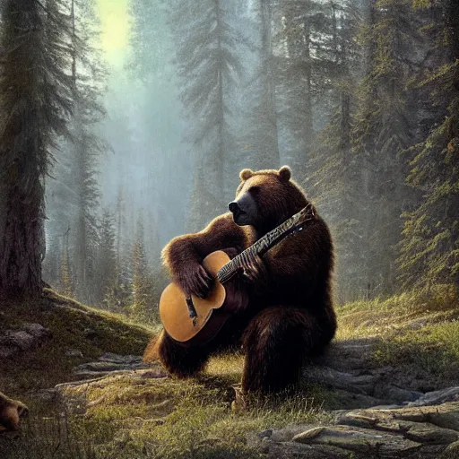 Prompt: Realistic brown bear playing Lenny Kravitz's guitar, by Antonio Caparo and Ferdinand Knab and Greg Rutkowski UHD photorealistic trending on artstation