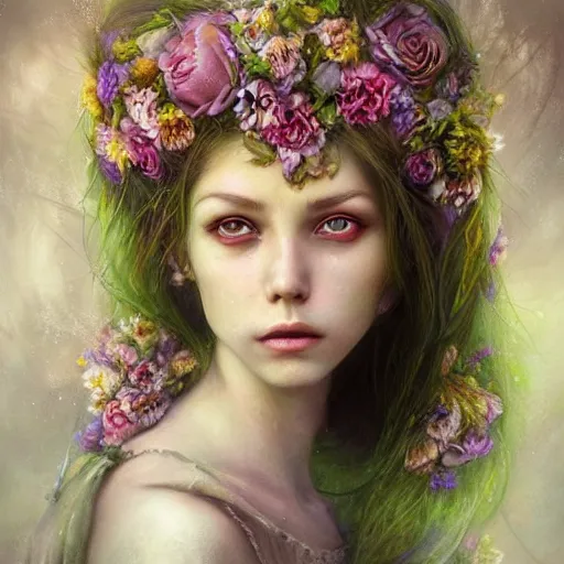 Prompt: a gorgeous flower princess portrait by Seb McKinnon and WLOP, artgerm , hyper realistic render , mystical, detailed flowers, SSS , vibrant colours, cgsociety