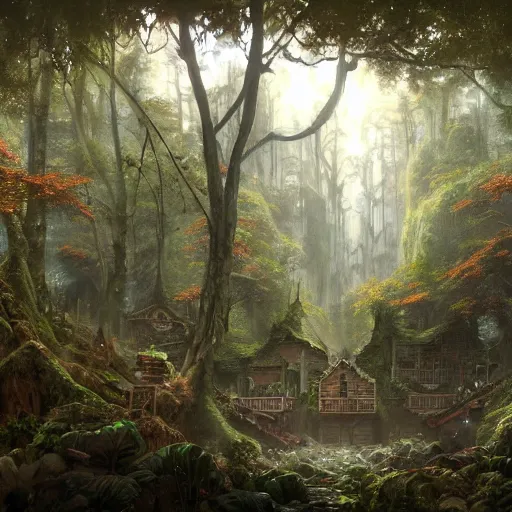Prompt: a suspended village built in a dense forest of giant very large tall trees, ultra detailed, concept art, game art, matte painting, by tomasz alen kopera and peter mohrbacher, and michel - ange, artstation 8 k, greg rutkwowski, alphonse mucha, studio ghibli, hayao miyzaka, artstation, octane render