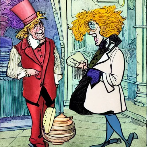 Image similar to The Mad hatter is on a date with Alice, Milo Manara style