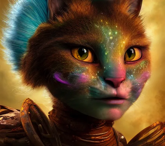 Prompt: an epic fantasy comic book style portrait painting of an extremely cute and adorable very beautiful nebulapunk cat halfling na'vi from avatar, character design by mark ryden and pixar and hayao miyazaki, unreal 5, daz, hyperrealistic, octane render, cosplay, rpg portrait, dynamic lighting, intricate detail, summer vibrancy, cinematic