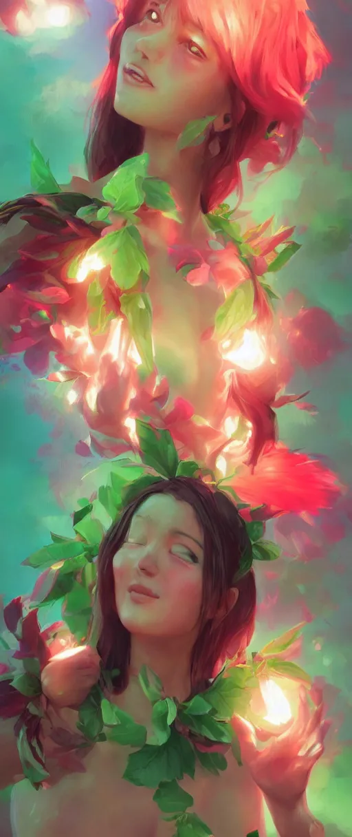 Image similar to 🍉🍒🥝🥬🥒🍑, joyful vibe and lighting, cgsociety, artstation, in the style of artgerm