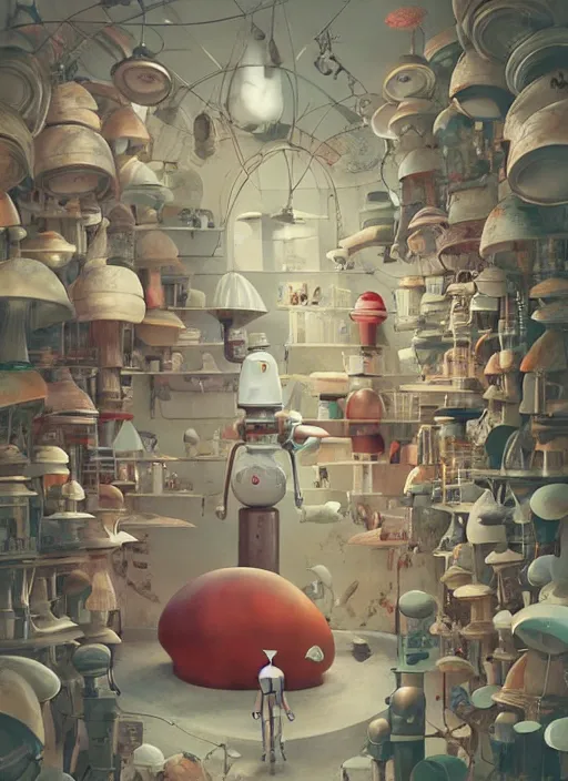 Prompt: a lively and whimsical apothecary where chrome robots shop grows from the stalk of a giant mushroom, cgsociety, siggraph, dystopian scifi, concept art, set design, oleg oprisco, conrad roset, anka zhuravleva, gediminas pranckevicius