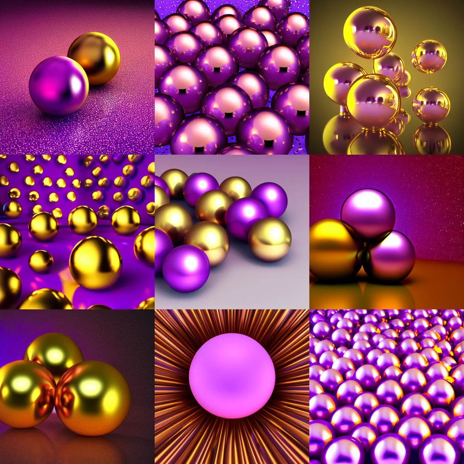 Prompt: golden balls reflecting light, violet background, digital art, 3 d render