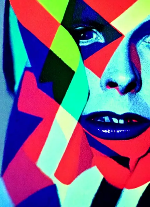 Image similar to portrait close up of david bowie music clip with sonia delaunay clothing, neon lights, photorealistic, eastman kodak