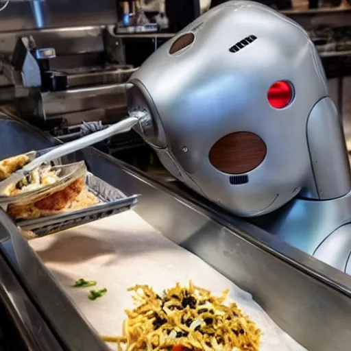 Prompt: a robot making a burrito at chipotle