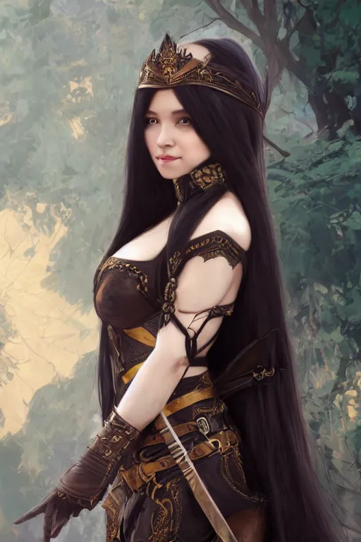 Image similar to eloquent young elf queen with long black hair, full body portrait, gorgeous, seductive, realistic, leather armor and cloak, leather gloves, digital art, path traced, highly detailed, high quality, lively, sakimi chan, alphonse mucha, leesha hannigan