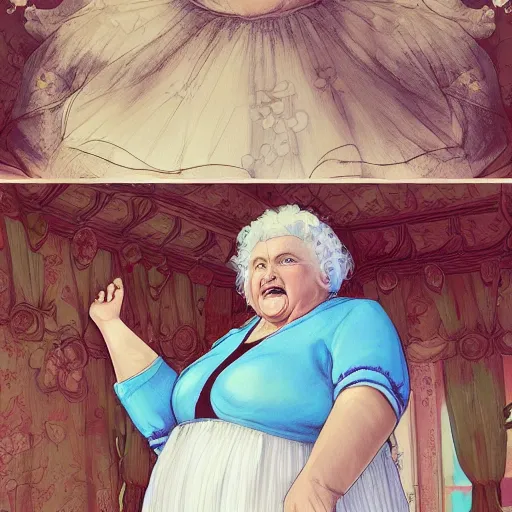 Prompt: of a very funny 3 d cinematic scene. a sweet fat old woman is in love with her self. flowery dress. symmetrical face, red mouth, blue eyes. a flowery dress. deep focus, lovely scene. artstation. unreal engine. pencil and ink. goya painting style.