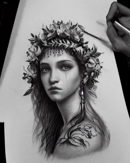 Image similar to realism tattoo sketch of hana soukupova as a beautiful greek goddess aphrodite with piercing eyes wearing a laurel wreath and triangle earrings, in the style of greg rutkowski, amazing detail