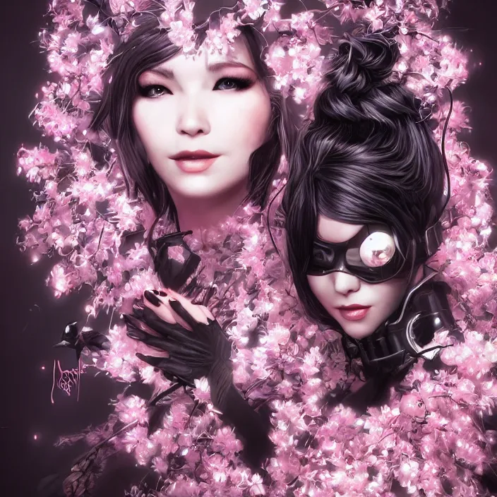 Image similar to a photograpic portrait of a anthropomorphic bjork cherry - blossom wearing futuristic black cyber outfit, fantasy, intricate, elegant, highly detailed, digital painting, artstation, concept art, smooth, sharp focus, illustration, art by artgerm