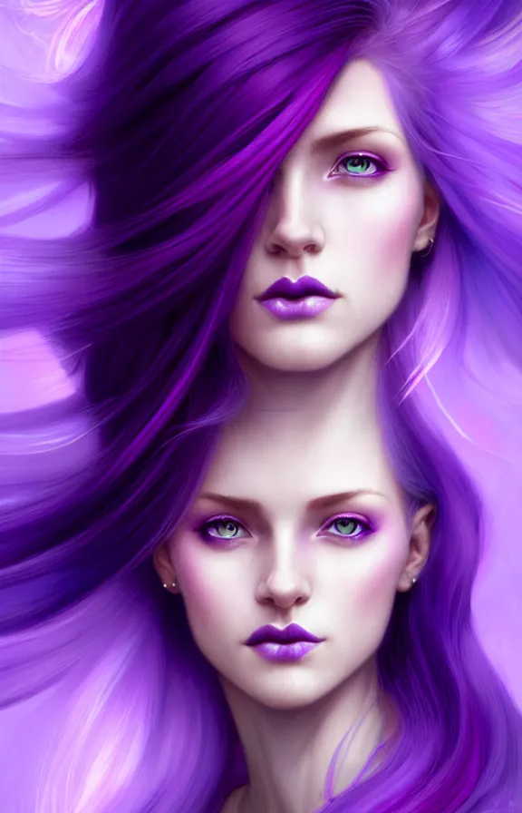 Prompt: Purple hair relistic Portrait of a woman with bright colored flying hair, all shades of purple. Hair coloring, long hair, blue eyes, fantasy, intricate, elegant, highly detailed, digital painting, artstation, concept art, smooth, sharp focus, illustration, art by artgerm and greg rutkowski and alphonse mucha